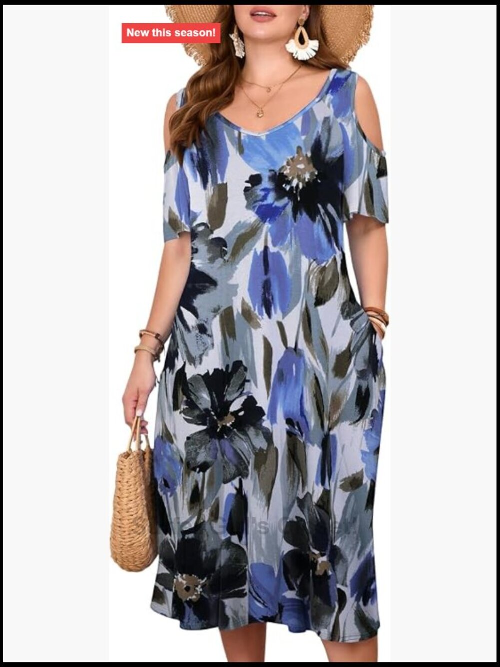 Plus Size Cold Shoulder Midi Dress with Pockets - V-Neck Summer Sundress